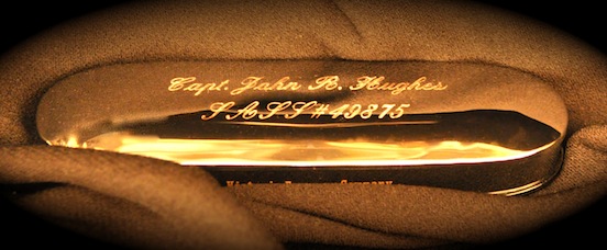 Historic Eyewear Company 1800's Spectacle Case  with custom engraving<br>Capt. John R. Hughes
Engraved single line for a Texas Ranger John R. Hughes. Photograph has been sepia toned. Photograph by D. Valenza