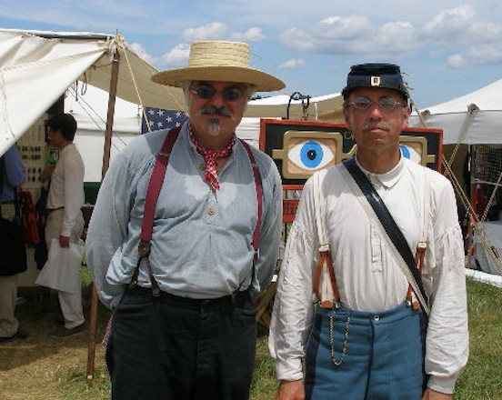 Thom and Chris Purrone at 150th Gettysburg<br>Chris purchased our specs online. He stopped by our tent to meet us. Here he is with Thom trying to keep cool in the extreme heat!