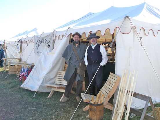 Robert Knowlton and Tom Valenza in front of Robert's tent at 149th Cedar Creek <br>Robert Knowlton is a woodworker from Johnstow,NY.  You can contact him  for special projects by email at knowltonrobert17@yahoo.com