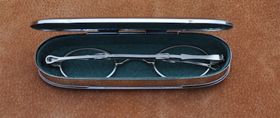 Historic Eyewear Company 1800's Flip-Top Spectacle Case interior view with spectacles<br>