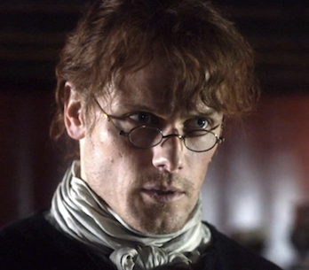 Sam Heughan, portrays Jamie  Fraser on Starz series “Outlander”<br>He is wearing Historic Eyewear Co Oval Small Spectacles in tarnished brass